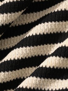DAZY Tween Girls Apricot Knitted Striped Short Sleeve Round Neck Autumn Lantern Sleeve Loose T-Shirt - Apricot - View 8