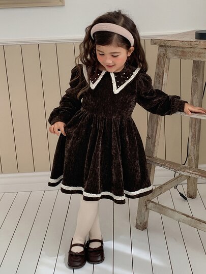 DAZY Girls (Small) Coffee Color Heavy Beaded Lapel Slim Fit Cute Elegant Style Dress