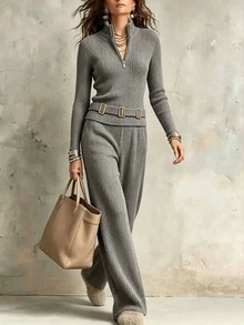SHEIN LUNE Setelan Kasual Wanita 2 Potong: Kaos Polos dan Celana Panjang, Musim Gugur/Dingin - Grey - View 4