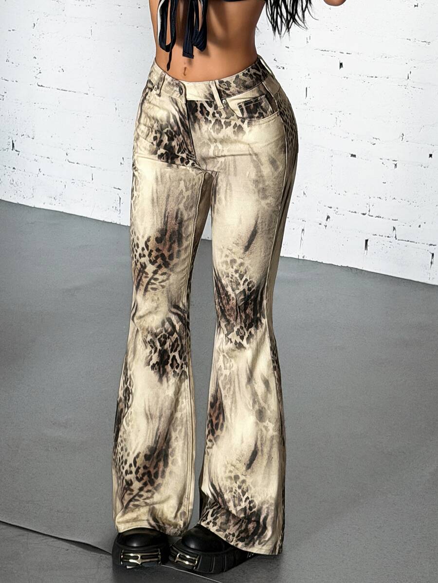 Jeanoix Celana Jeans Flare Pinggang Sangat Rendah Motif Hewan untuk Wanita, Warna Beige, Gaya Musim Panas Terinspirasi Era 90-an dan 2000-an - MultiWarna - View 1