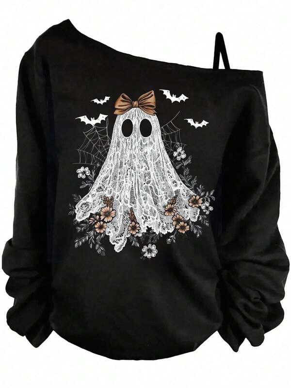 EMERY ROSE Autumn/Winter New Halloween Plus Size Women's Funny Ghost & Goblin Graphic One Shoulder Strap Long Sleeve T-Shirt