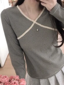 DAZY Women's V-Neck Striped Long Sleeve T-Shirt Fall - Grey - View 5