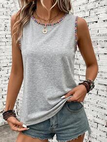 SHEIN LUNE 休閒極簡風拼色滾邊刺繡夏季女款背心 - 灰色 - 查看 3