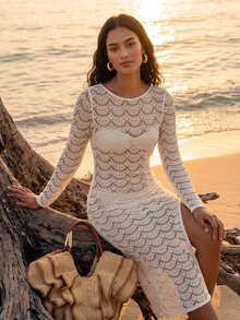 CAJUNI Women's Solid Color Round Neck Long Sleeve Side Slit Hem Cover-Up Dress For Vacation - Beige - View 4