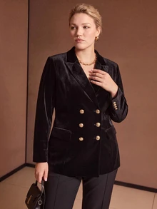 MOTF PREMIUM PLUS SIZE WOMEN'S AUTUMN/WINTER VELVET DOUBLE-BREASTED FITTED BLAZER - Black - View 3