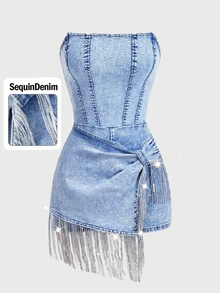 SHEIN MOD Women's Patchwork Sequin Tassel Hem Fashion Tube Top Denim Jumpsuit - Blue - View 6