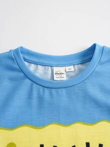 SpongeBob SquarePants | SHEIN 2pcs/Set Young Boy Casual Style Crew Neck Short Sleeve T-Shirt And Shorts Comfortable Two Pieces Set - Multicolor - View 3