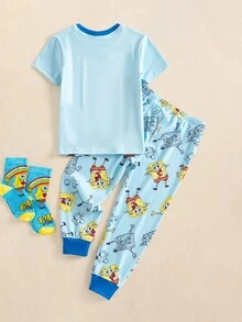 SpongeBob SquarePants | SHEIN Young Boy Cartoon Print Top And Long Pants Snug Fit Loungewear - Blue - View 2
