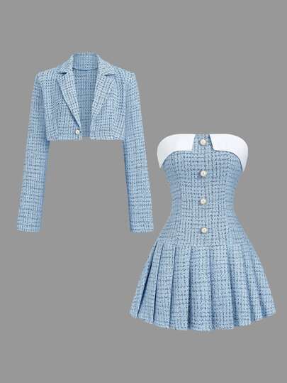 Sweetra Elegant Girl Style Faux Pearl Button Bandeau Dress With Short Jacket 2-Piece Set, Fashion Party Princess Style