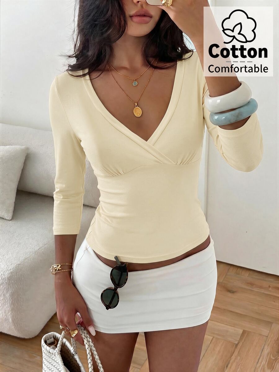 Aloruh Blue-Green V-Neck 3/4 Sleeve Slimming T-Shirt - Apricot - View 1