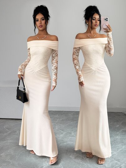 Elenzga Vestido de Sirena Ajustado con Hombros Descubiertos de Encaje Jacquard, Elegante Vestido de Noche para Fiestas & Reuniones para Mujeres, Vestido de Otoño