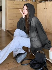 DAZY Women's Hooded Washed Korean Style Loose Girly Streetwear Jacket And Coat Fall - Grey - View 6