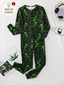 男童遊戲機螢光彩色圖案前拉鍊長袖長版連身衣修身居家服 - 彩色 - 查看 3
