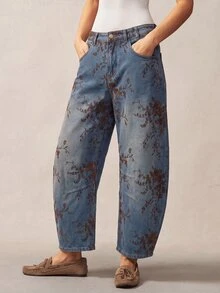 Bohemela 大尺碼女款寬鬆寬腿氣球版型花卉藤蔓印花牛仔褲，附口袋 - 藍色 - 查看 7