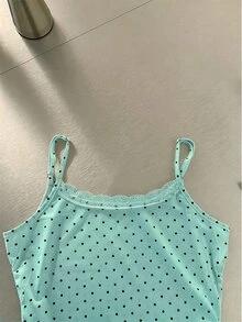 K-Vae 女款綠色波點蕾絲飾邊細肩帶背心上衣，甜美可愛修身夏季上衣，柔軟針織，韓系休閒百搭，街頭風，日常約會穿搭 - 薄荷藍 - 查看 5