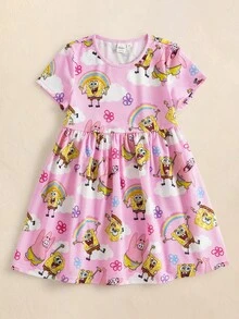 SpongeBob SquarePants | SHEIN Young Girl Rainbow Print Round Neck Short Sleeve Dress - Multicolor - View 1