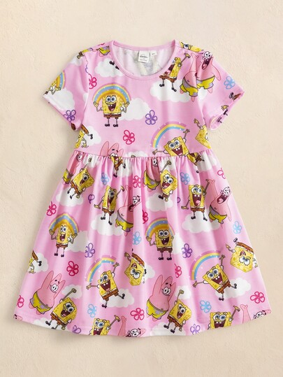 SpongeBob SquarePants | SHEIN Rochie pentru fată cu imprimeu curcubeu, cu guler rotund și mânecă scurtă
