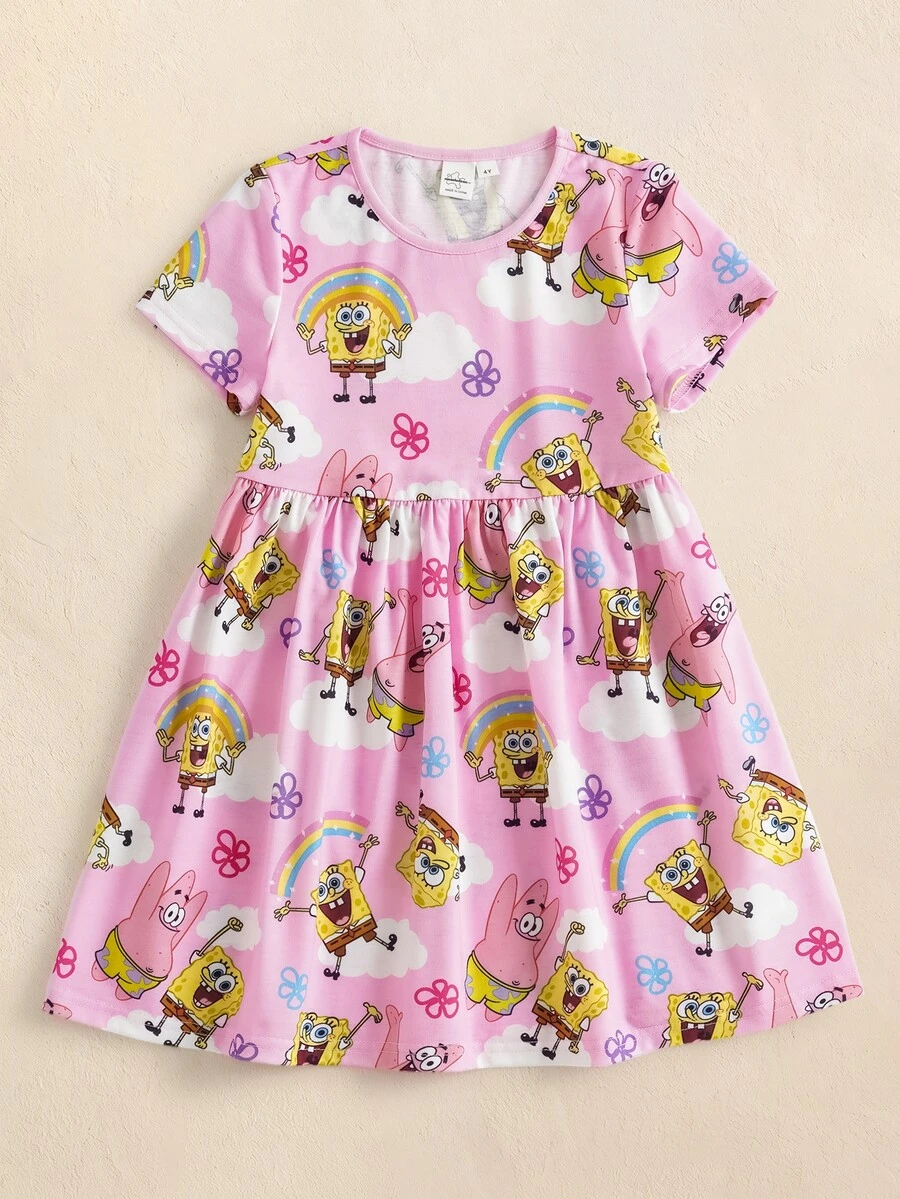 SpongeBob SquarePants | SHEIN Young Girl Rainbow Print Round Neck Short Sleeve Dress - Multicolor - View 1