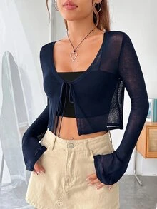 SHEIN EZwear 女款簡約前綁帶長袖針織開襟衫，度假穿搭 - 藏蓝色 - 查看 6