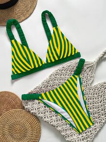 SHEIN Swim 女款夏季度假休閒海灘穿著 紅藍條紋圖案印花兩件式比基尼綁帶泳衣套裝 - 彩色 - 查看 5