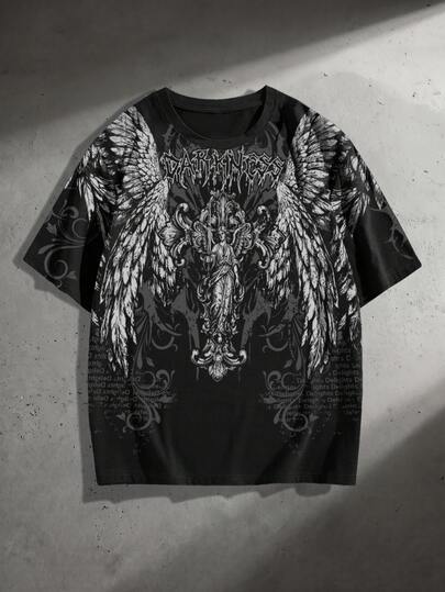 Street Life Teen Boy Angel Print Crew Neck Short Sleeve Casual Loose Fit T-Shirt
