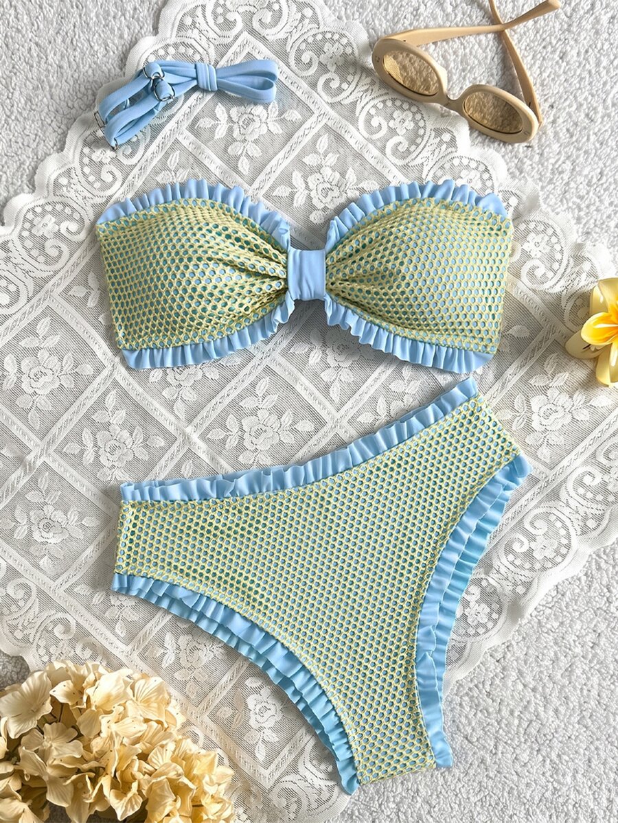 Swim Mod Teenage Polka Dot Print Ruched Bandeau Bikini Top With High Waist Ruffled Triangle Bottoms Women's Swimwear Set - Multicolor - View 1