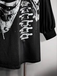 SHEIN ICON 大尺碼 Y2K 骷髏印花寬肩開衩迷你洋裝，萬聖節露肩洋裝 - 黑色 - 查看 8