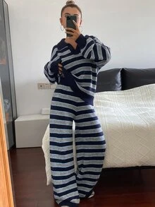 DAZY Women's Drop Shoulder Long Sleeve Sweater And Pants Striped Casual Two Pieces Set - Royal Blue - View 5