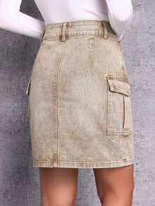 SHEIN Essnce 女款高腰工裝口袋休閒牛仔裙 - 駝色 - 查看 3