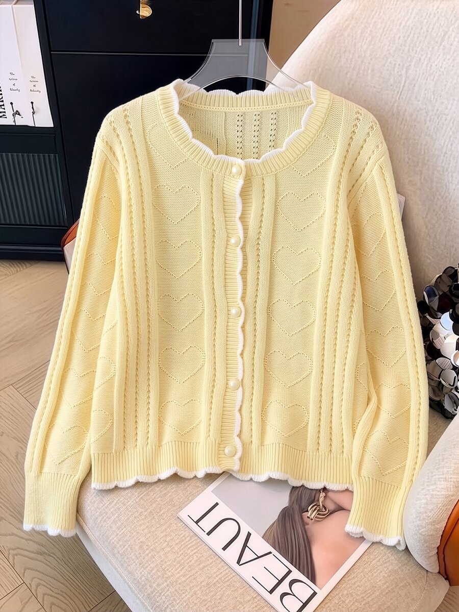 GlowEve CURVE Pale Yellow Wavy Lace Hollow Knit Cardigan . Cable Texture + Single-Breasted . Fresh & Gentle Style Plus Size Cardigan - Yellow - View 1