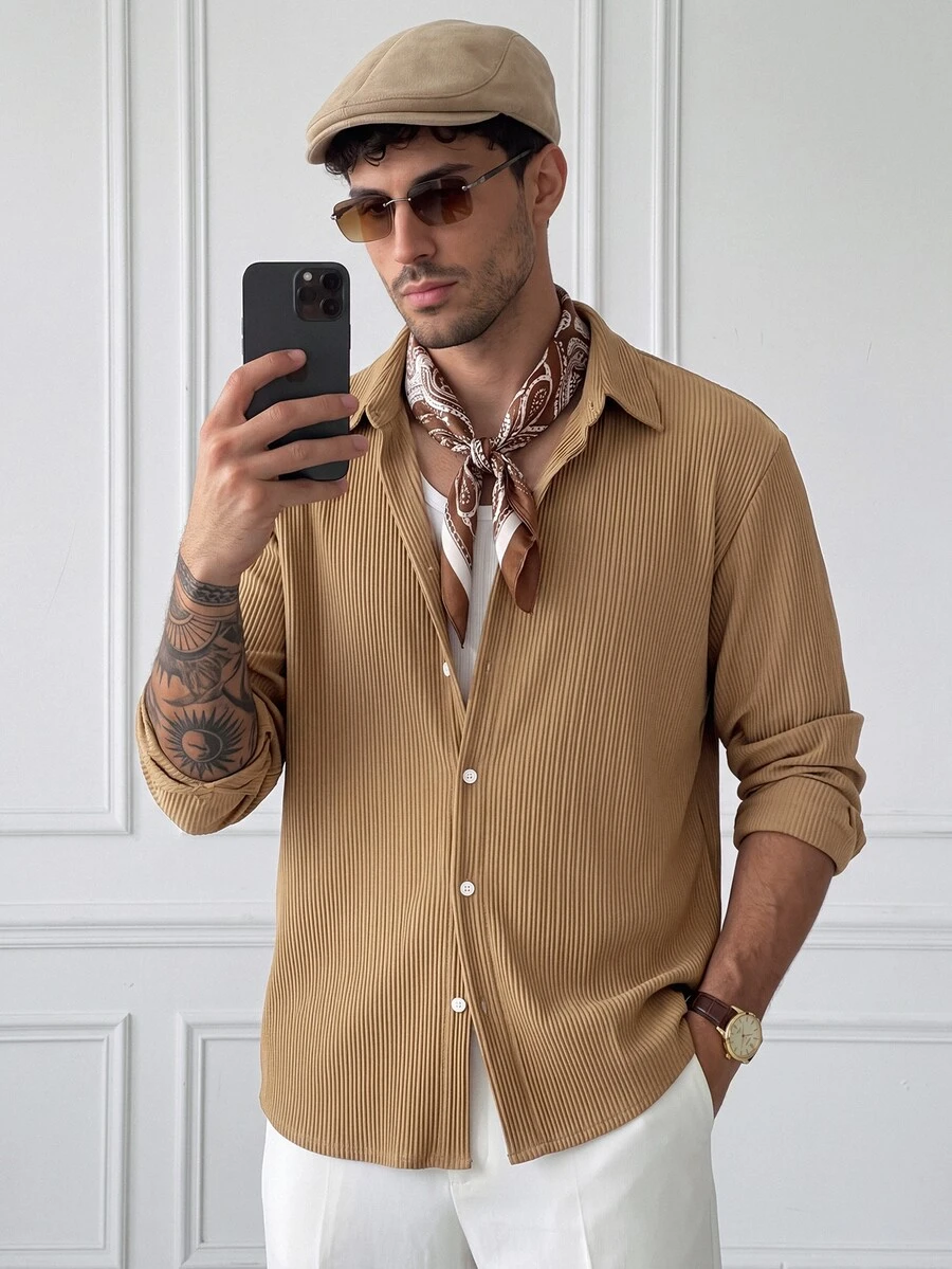 HUEFORM Men's Old Money Style Browm Vertical Textured Knit Single-Breasted  Loose Fit Shirt For Commuting, - Khaki - View 1