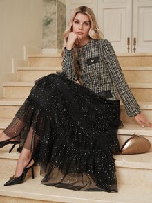 Gaun 2 in 1 Lengan Panjang Motif Kotak-kotak Patchwork Jala Elegan untuk Wanita, Gaya Musim Gugur Terbaru untuk Jalan-jalan, Perjalanan, dan Kantor - Hitam - View 2