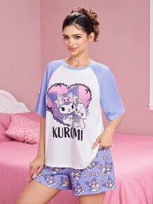 HELLO KITTY AND FRIENDS | SHEIN Set Piyama Kaos Lengan Raglan dan Celana Pendek Motif Huruf untuk Wanita - Purple - View 5