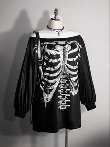 SHEIN ICON 大尺碼 Y2K 骷髏印花寬肩開衩迷你洋裝，萬聖節露肩洋裝 - 黑色 - 查看 4