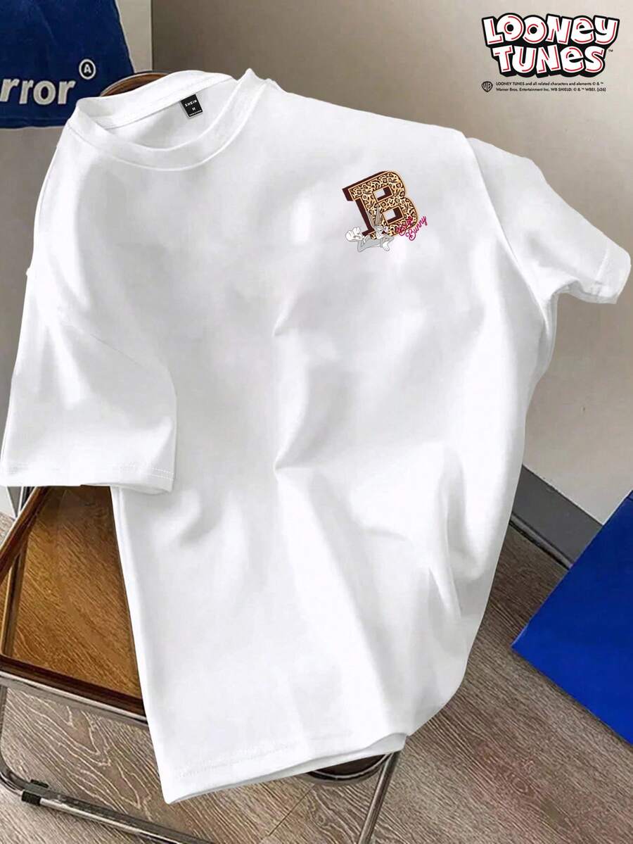 LOONEY TUNES X SHEIN Manfinity Joysei تي شيرت رجالي بأكمام قصيرة مطبوع عليه حروف بتصميم مشترك العلامة التجارية - أبيض - مشاهدة 1