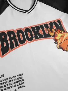 ROMWE MEN Streetwear Basketball Graffiti Print Men's Loose Fit Colorblock Sporty Casual Pullover V-Neck Sweatshirt - Multicolor - View 2