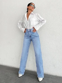 SHEIN Cottnline Plus High Waist Casual Style Light Blue Wash Regular Fit Buton Front Straight Jean Formal Club Summer - Light Wash - View 4