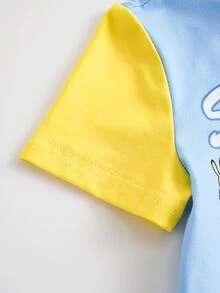 SpongeBob SquarePants | SHEIN 男嬰字母卡通印花短袖T恤與短褲休閒日常套裝 - 藍色 - 查看 4