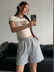 DAZY 女款純色抽繩腰口袋休閒短褲 - 灰色 - 查看 3