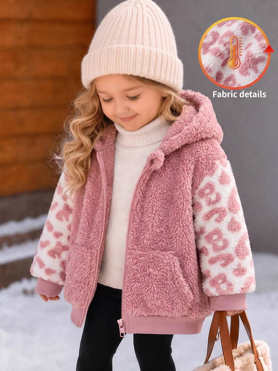 SHEIN Baby Girl Casual Solid Color Cute Heart Pattern Fuzzy Hooded Winter Jacket - Multicolor - View 1
