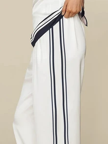 Trelyra 女款航海條紋寬腿長褲，白色與海軍藍對比飾邊，高腰寬鬆長褲，休閒海洋風條紋鬆緊腰設計，夏季海灘長褲 - 白色 - 查看 4