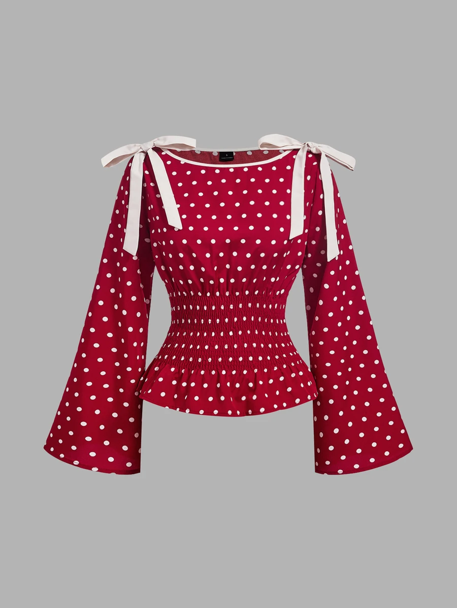 SHEIN MOD 女款對比色蝴蝶結裝飾喇叭袖收腰時尚襯衫 - 紅色 - 查看 1