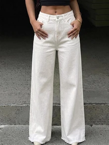 DAZY Women's Solid Color Button Pocket Frayed Hem Wide Leg Jeans - White - View 5