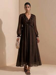 SHEIN Veneréa Gaun Panjang Wanita dengan Lengan Lentera Berkerut dan Leher V - Chocolate Brown - View 3