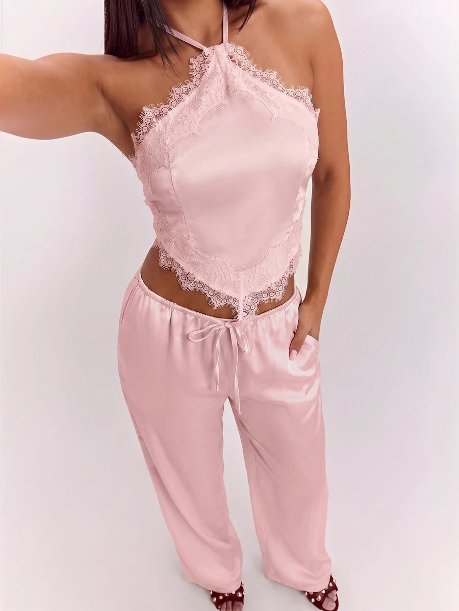 SHEIN BAE Sexy Backless Halter Top And Long Pants Set For Summer - Coral Pink - View 1