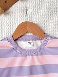 Young Girl Knit Striped Crew Neck Loose Casual Sweatshirt, Fashionable Versatile, Suitable For Outdoor Wear, Colorful Striped Pattern Design, Suitable For Street Photography, Suitable For Camping, Back To School Fall Clothes - Multicolor - View 3