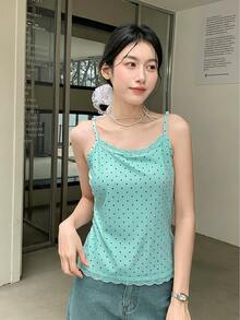 K-Vae 女款綠色波點蕾絲飾邊細肩帶背心上衣，甜美可愛修身夏季上衣，柔軟針織，韓系休閒百搭，街頭風，日常約會穿搭 - 薄荷藍 - 查看 1
