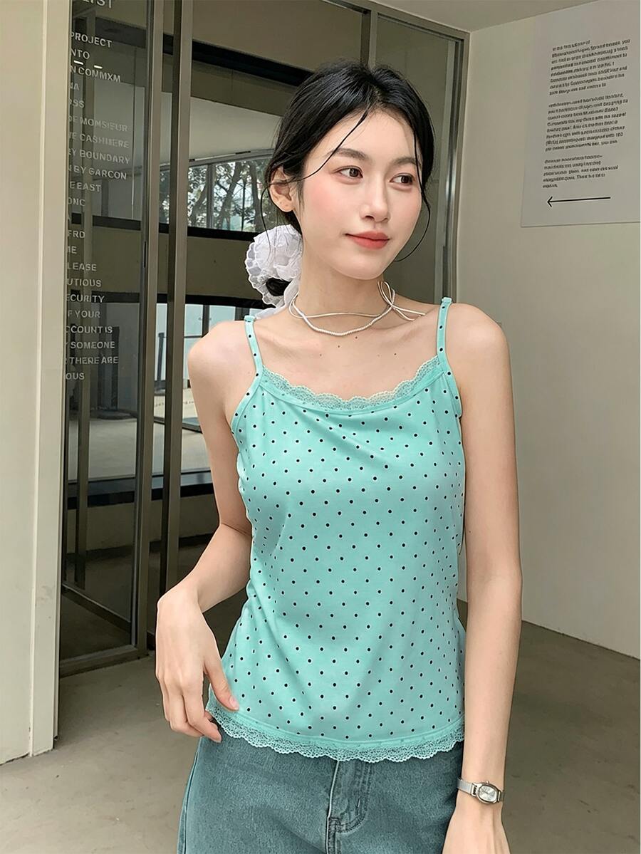 K-Vae 女款綠色波點蕾絲飾邊細肩帶背心上衣，甜美可愛修身夏季上衣，柔軟針織，韓系休閒百搭，街頭風，日常約會穿搭 - 薄荷藍 - 查看 1