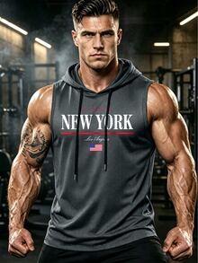 GymBeat Men's Letter & American Flag Print Drawstring Hooded Athletic Tank Top, Gym - Grey - View 1