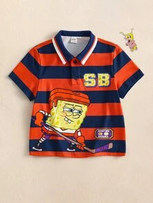 SpongeBob SquarePants | SHEIN Young Boy Letter Stripe Print Short Sleeve Casual Polo Collar T-Shirt - Orange - View 1